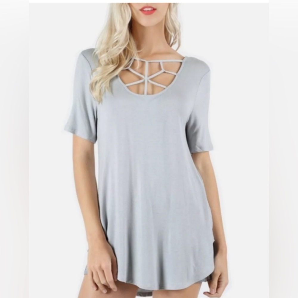 Zenana Premium dusty blue loose caged criss cross short sleeve top